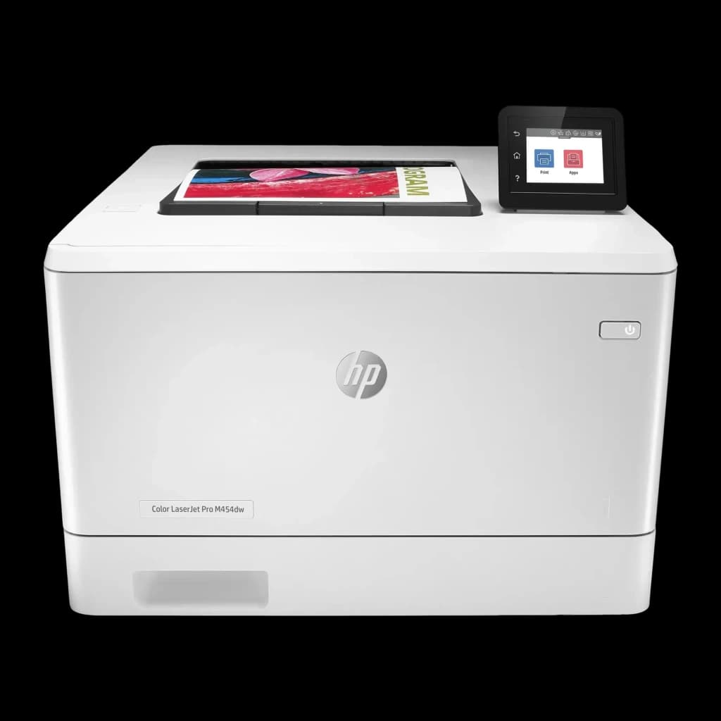 Impressora laser HP Color LaserJet Pro M454dw Frente e Verso Automático Branco, vista frontal: painel tátil colorido