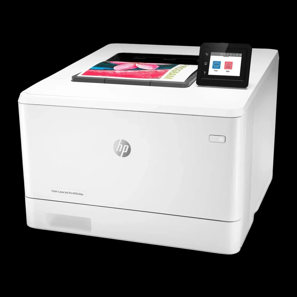 Impressora laser HP Color LaserJet Pro M454dw Frente e Verso Automático Branco, vista lateral: ecrã tátil a cores e página