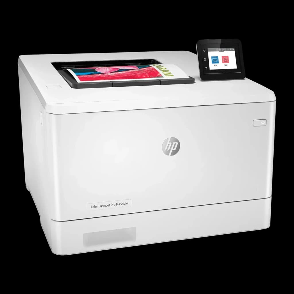 Impressora laser HP Color LaserJet Pro M454dw Frente e Verso Automático Branco, vista lateral: ecrã tátil e folha colorida