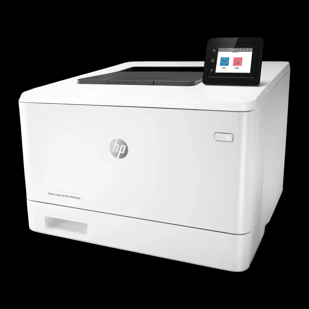 Impressora laser HP Color LaserJet Pro M454dw Frente e Verso Automático Branco, vista lateral: ecrã tátil a cores, logótipo