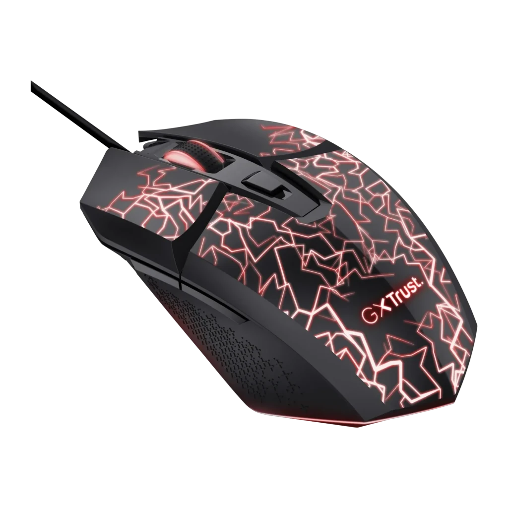 Rato Gaming Trust GXT 113 Felox Com Fio USB 6400 DPI RGB Preto, vista em perspetiva: iluminação RGB vermelha com padrão