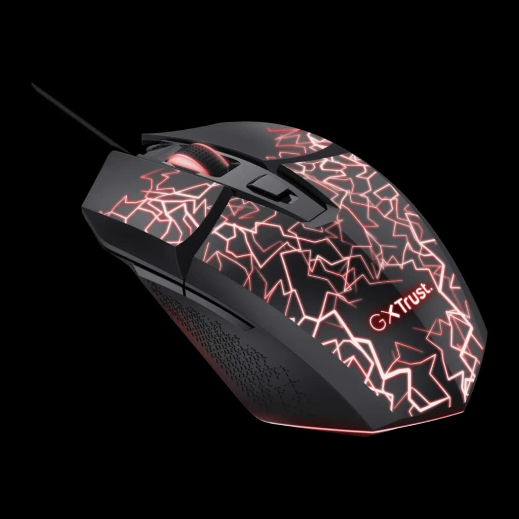 Rato Gaming Trust GXT 113 Felox Com Fio USB 6400 DPI RGB Preto, vista em perspetiva: iluminação RGB vermelha com padrão