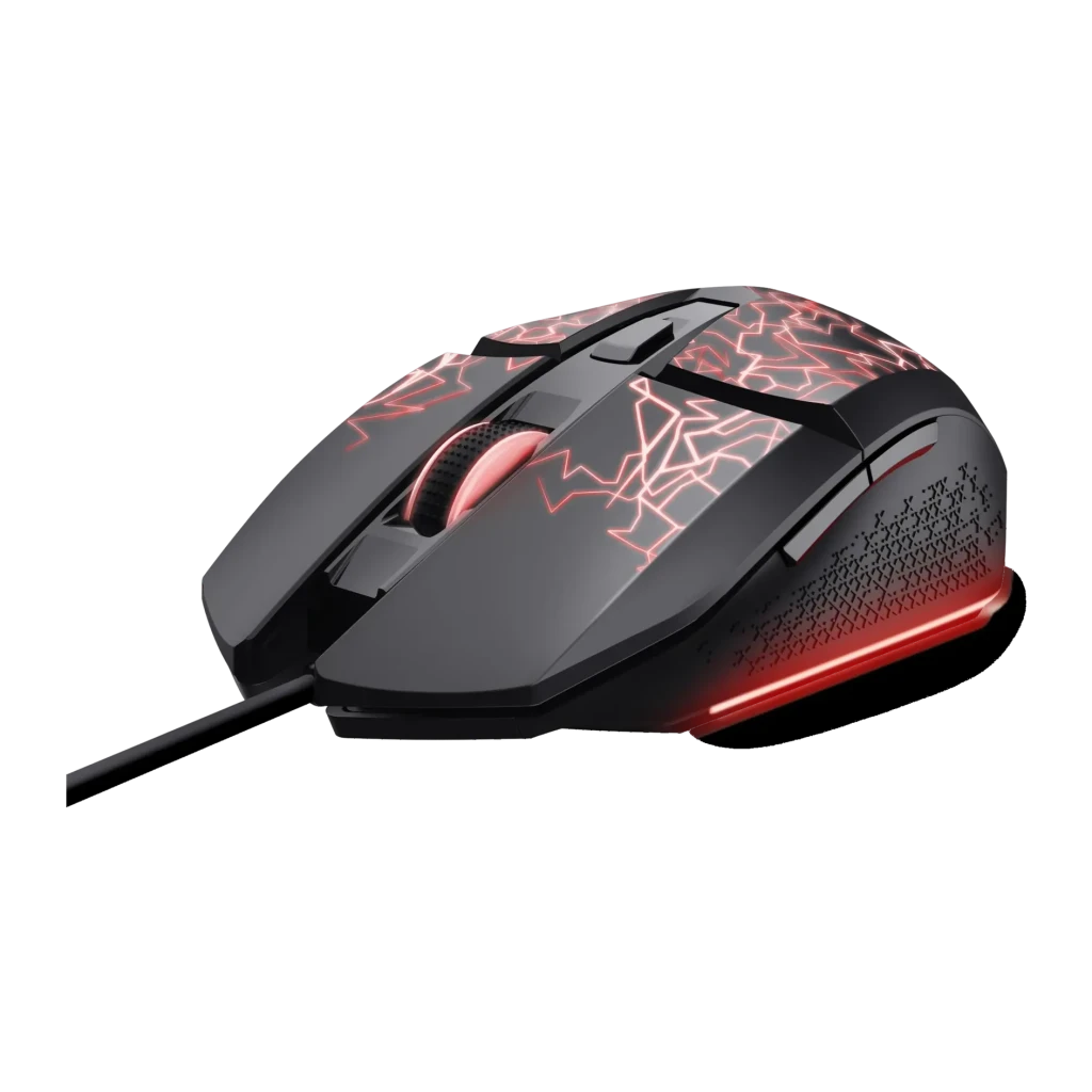 Rato Gaming Trust GXT 113 Felox Com Fio USB 6400 DPI RGB Preto, vista lateral: iluminação RGB vermelha com padrão geométrico