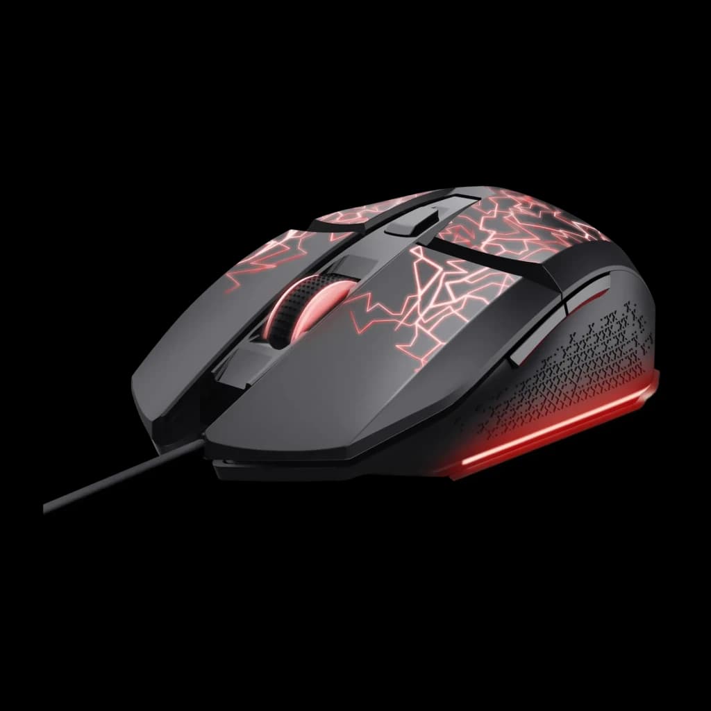 Rato Gaming Trust GXT 113 Felox Com Fio USB 6400 DPI RGB Preto, vista lateral: iluminação RGB vermelha com padrão geométrico