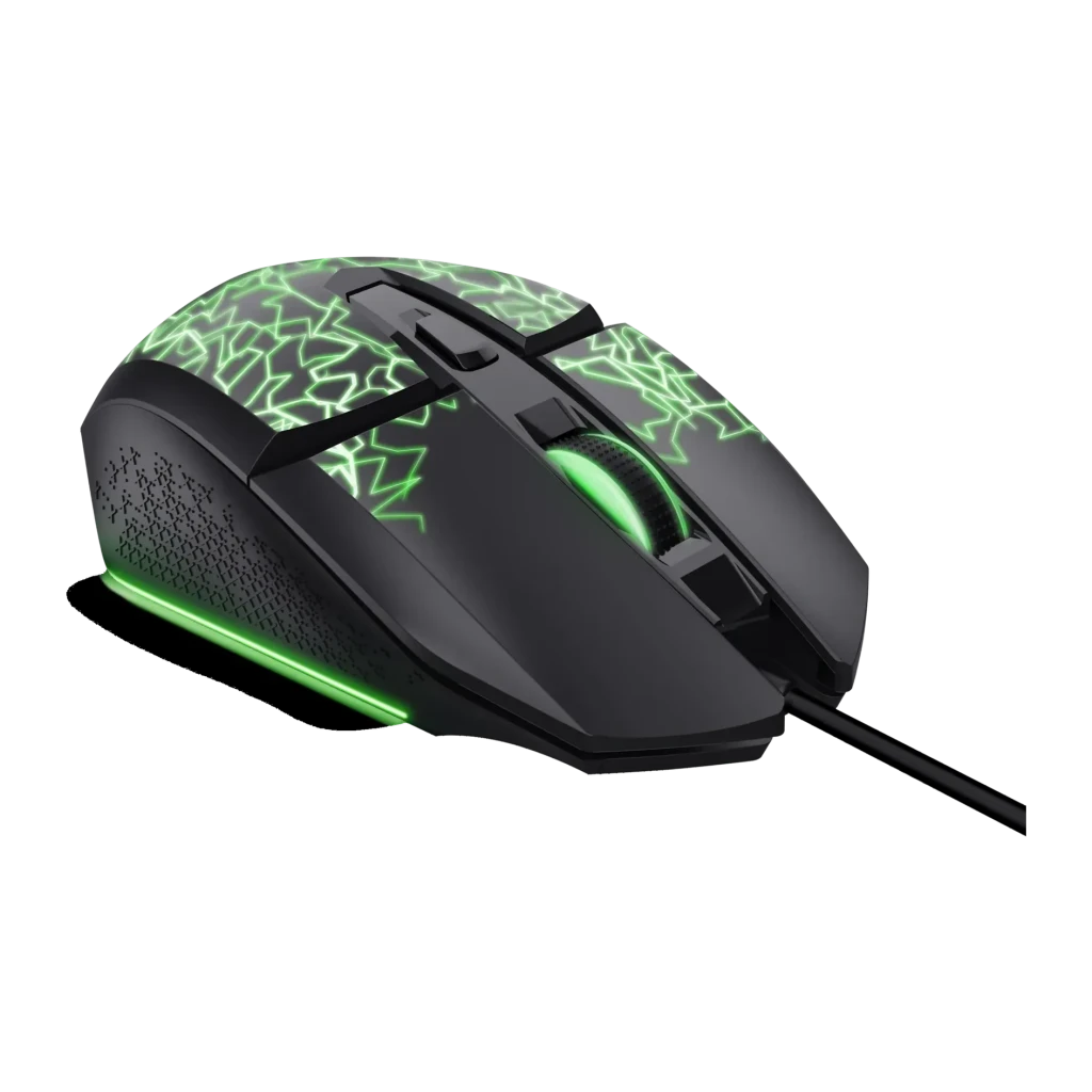Rato Gaming Trust GXT 113 Felox Com Fio USB 6400 DPI RGB Preto, vista lateral: iluminação RGB verde com padrão de raios