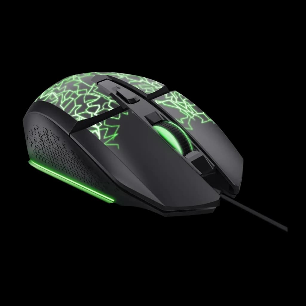 Rato Gaming Trust GXT 113 Felox Com Fio USB 6400 DPI RGB Preto, vista lateral: iluminação RGB verde com padrão de raios