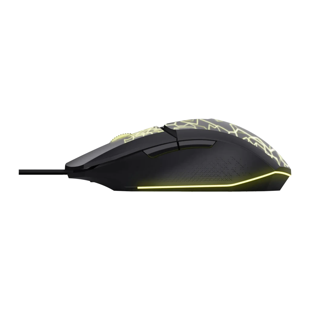 Rato Gaming Trust GXT 113 Felox Com Fio USB 6400 DPI RGB Preto, vista lateral: iluminação RGB amarela na base e padrão