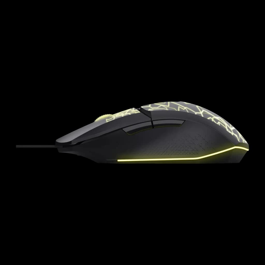 Rato Gaming Trust GXT 113 Felox Com Fio USB 6400 DPI RGB Preto, vista lateral: iluminação RGB amarela na base e padrão