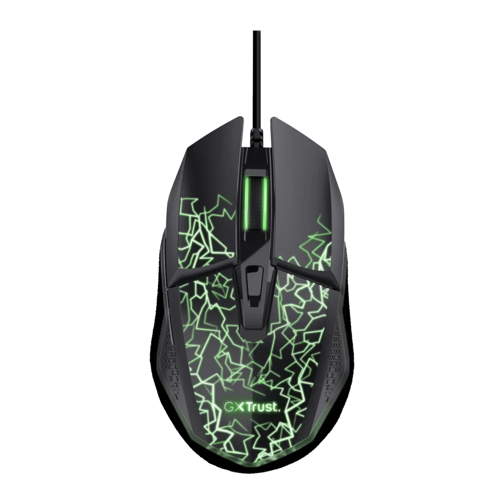 Rato Gaming Trust GXT 113 Felox Com Fio USB 6400 DPI RGB Preto, vista superior: iluminação RGB verde acesa com padrão