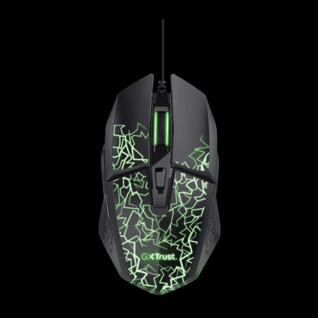 Rato Gaming Trust GXT 113 Felox Com Fio USB 6400 DPI RGB Preto, vista superior: iluminação RGB verde acesa com padrão