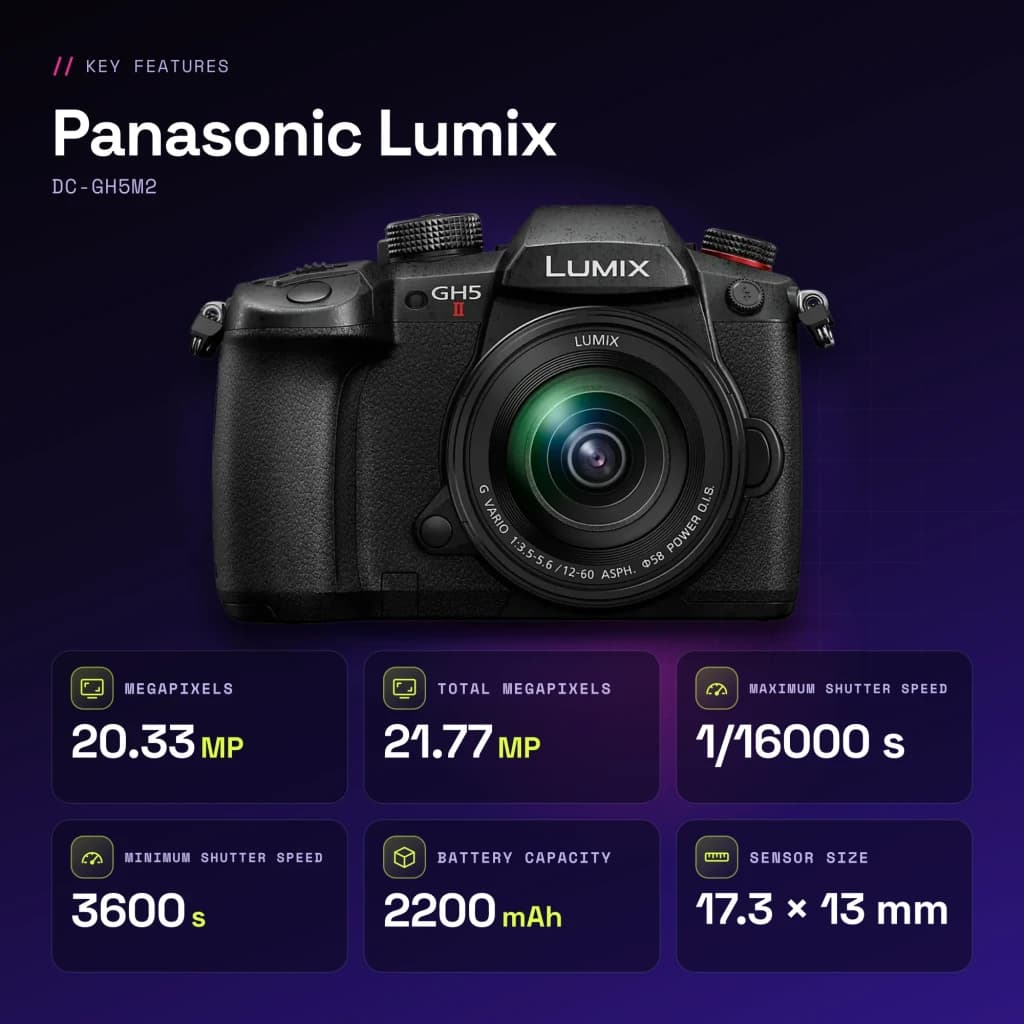 Appareil photo hybride Panasonic Lumix Noir Live MOS Micro 4/3 4K UHD 20,3MP DC-GH5M2 - caractéristiques