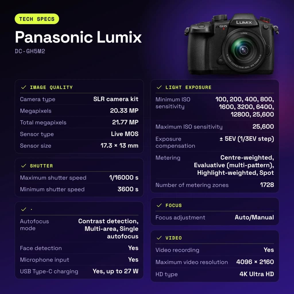 Appareil photo hybride Panasonic Lumix Noir Live MOS Micro 4/3 4K UHD 20,3MP DC-GH5M2 - caractéristiques