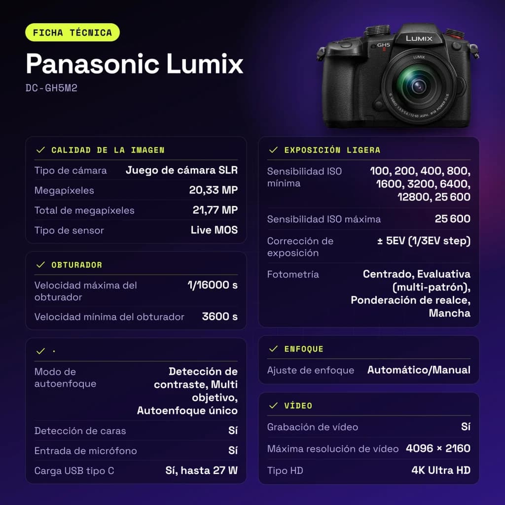 Appareil photo hybride Panasonic Lumix Noir Live MOS Micro 4/3 4K UHD 20,3MP DC-GH5M2 - caractéristiques