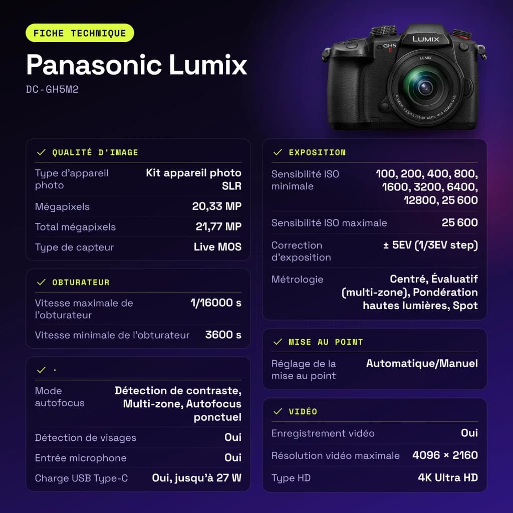 Appareil photo hybride Panasonic Lumix Noir Live MOS Micro 4/3 4K UHD 20,3MP DC-GH5M2 - caractéristiques
