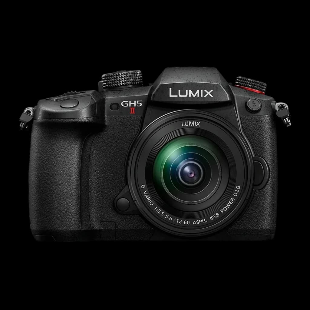Appareil photo hybride Panasonic Lumix Noir Live MOS Micro 4/3 4K UHD 20,3MP DC-GH5M2, vue avant: objectif Lumix G Vario