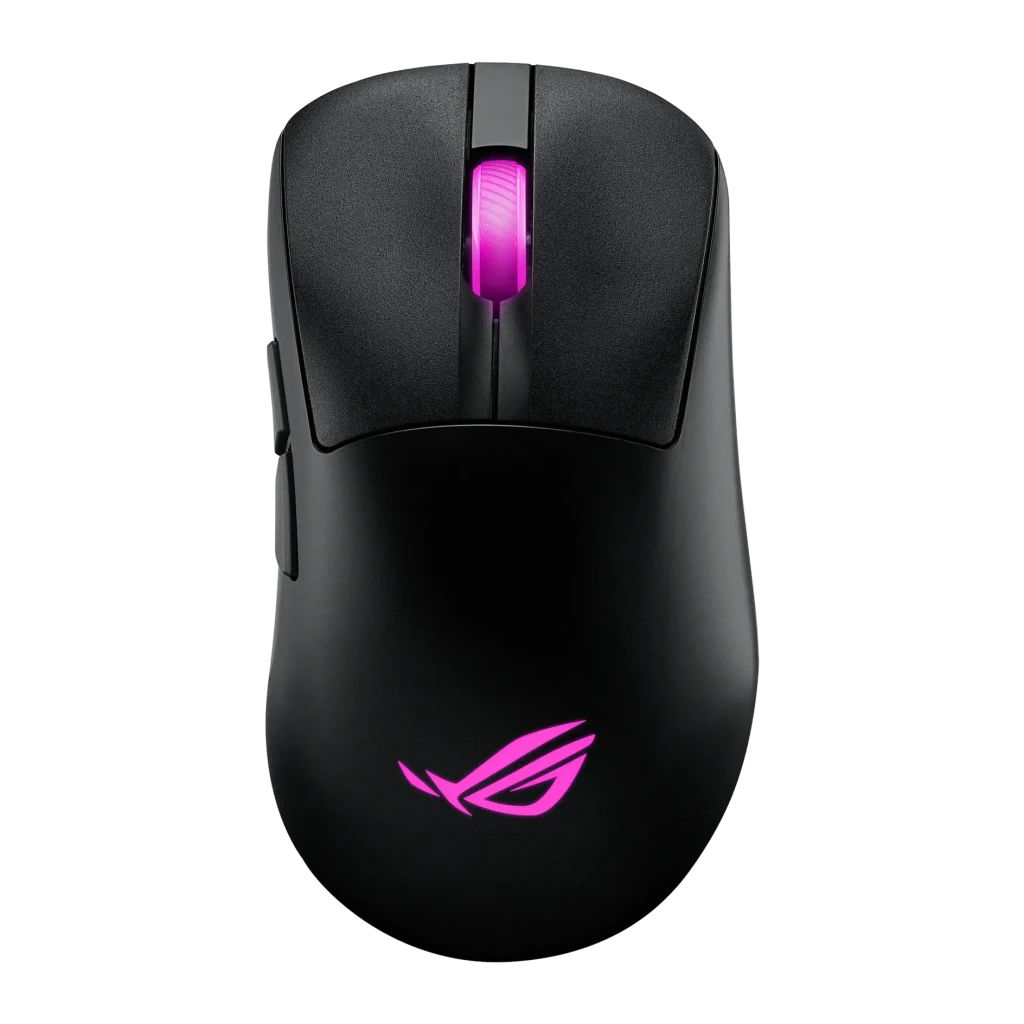 Ratón Gaming ASUS ROG Keris II Origin Inalámbrico 42000 DPI RGB Negro, vista superior: rueda y logo ROG iluminados en rosa
