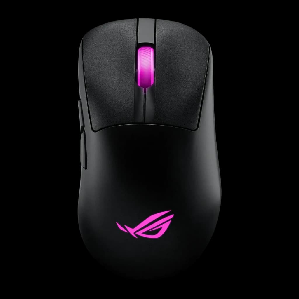 Ratón Gaming ASUS ROG Keris II Origin Inalámbrico 42000 DPI RGB Negro, vista superior: rueda y logo ROG iluminados en rosa