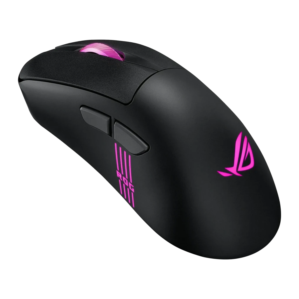 Ratón Gaming ASUS ROG Keris II Origin Inalámbrico 42000 DPI RGB Negro, vista lateral izquierda: logo ROG y rueda