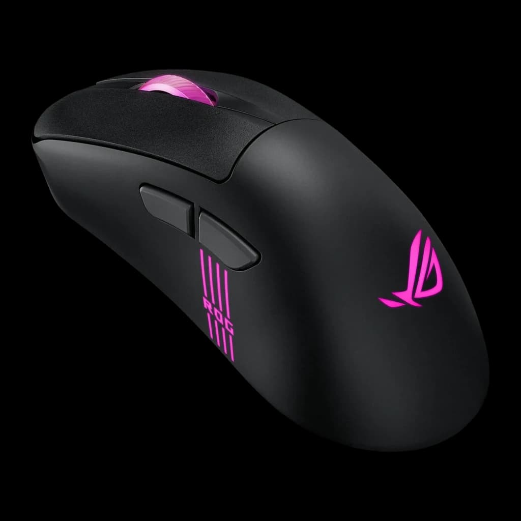 Ratón Gaming ASUS ROG Keris II Origin Inalámbrico 42000 DPI RGB Negro, vista lateral izquierda: logo ROG y rueda