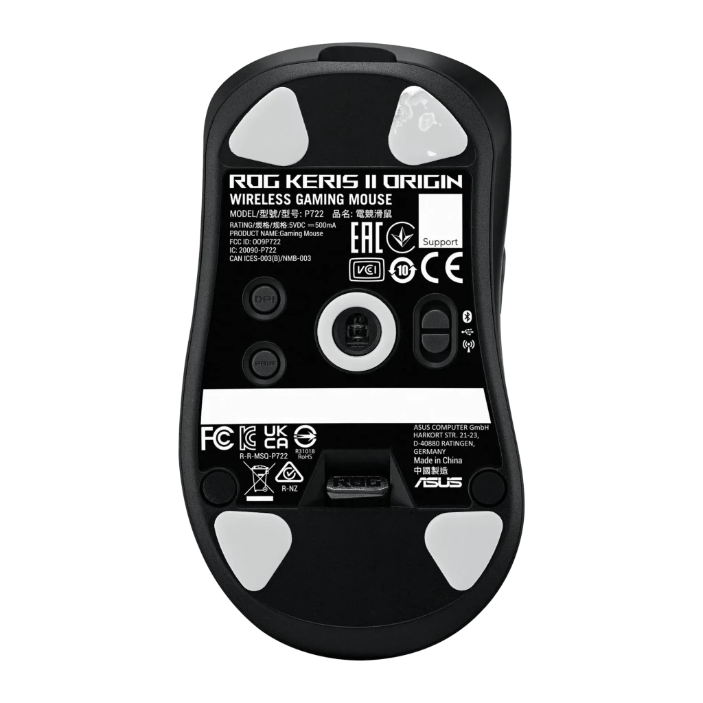 Ratón Gaming ASUS ROG Keris II Origin Inalámbrico 42000 DPI RGB Negro, vista inferior: sensor óptico, pies deslizantes