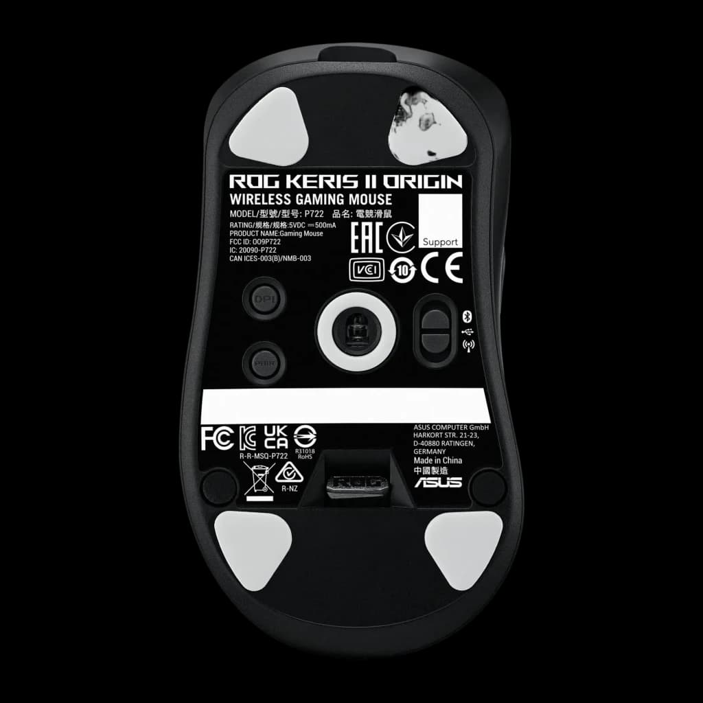 Ratón Gaming ASUS ROG Keris II Origin Inalámbrico 42000 DPI RGB Negro, vista inferior: sensor óptico, pies deslizantes