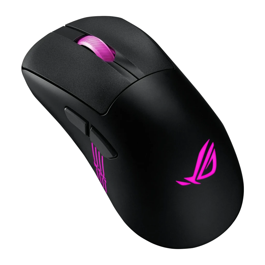 Ratón Gaming ASUS ROG Keris II Origin Inalámbrico 42000 DPI RGB Negro, vista superior: logo ROG y rueda con iluminación rosa