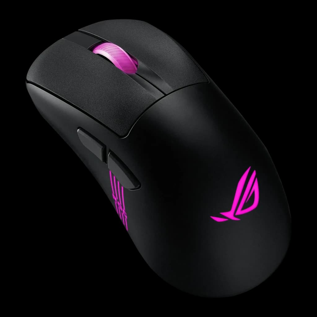 Ratón Gaming ASUS ROG Keris II Origin Inalámbrico 42000 DPI RGB Negro, vista superior: logo ROG y rueda con iluminación rosa