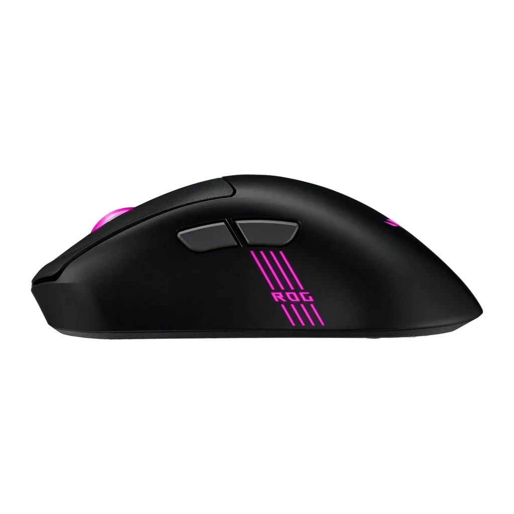 Ratón Gaming ASUS ROG Keris II Origin Inalámbrico 42000 DPI RGB Negro, vista lateral: logo ROG y RGB magenta en carcasa mate