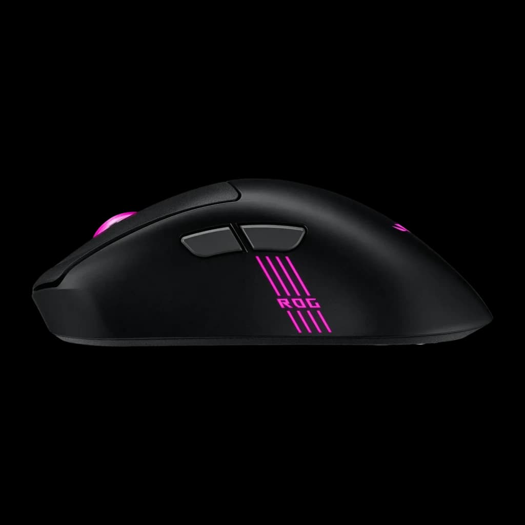 Ratón Gaming ASUS ROG Keris II Origin Inalámbrico 42000 DPI RGB Negro, vista lateral: logo ROG y RGB magenta en carcasa mate
