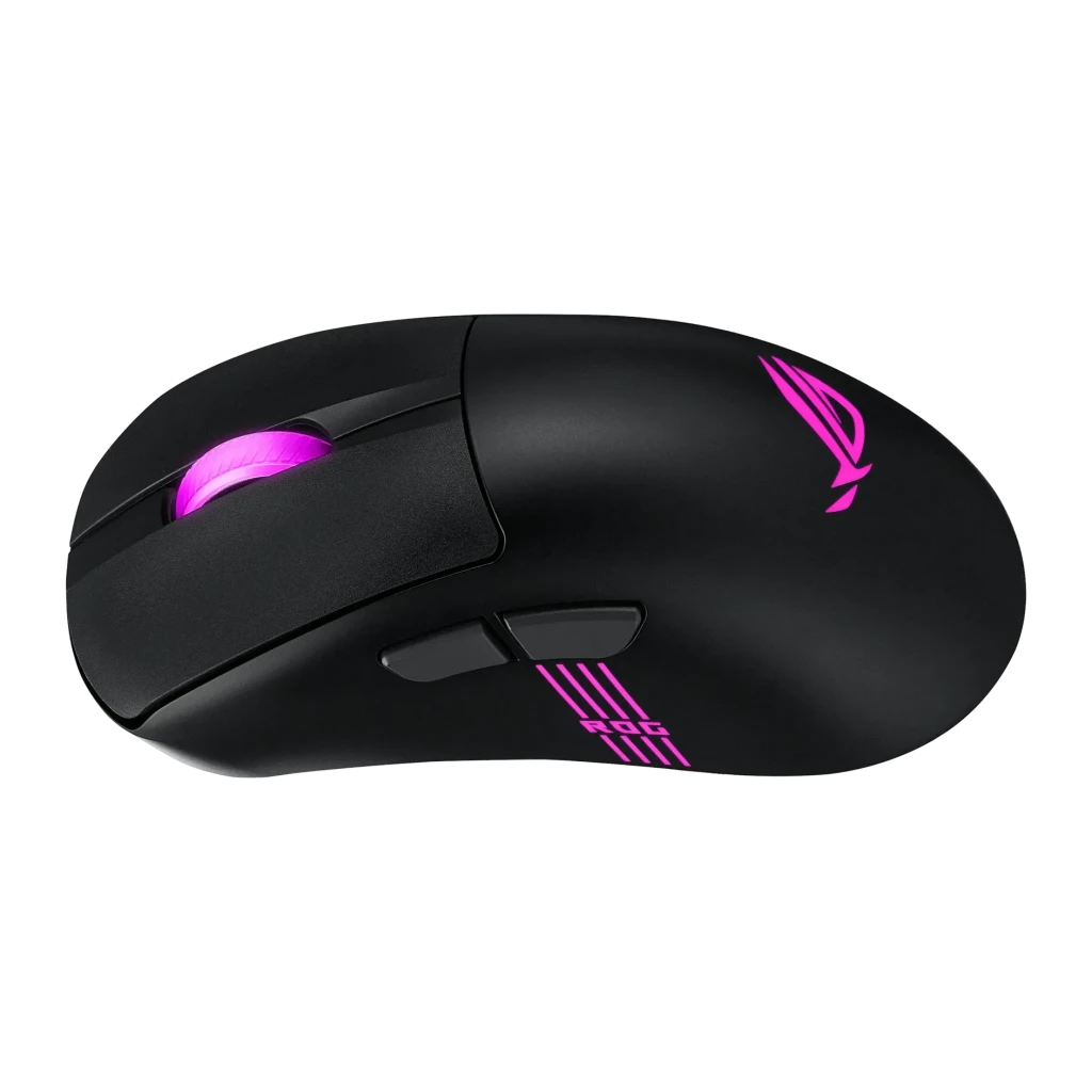 Ratón Gaming ASUS ROG Keris II Origin Inalámbrico 42000 DPI RGB Negro, vista superior: iluminación RGB magenta en rueda