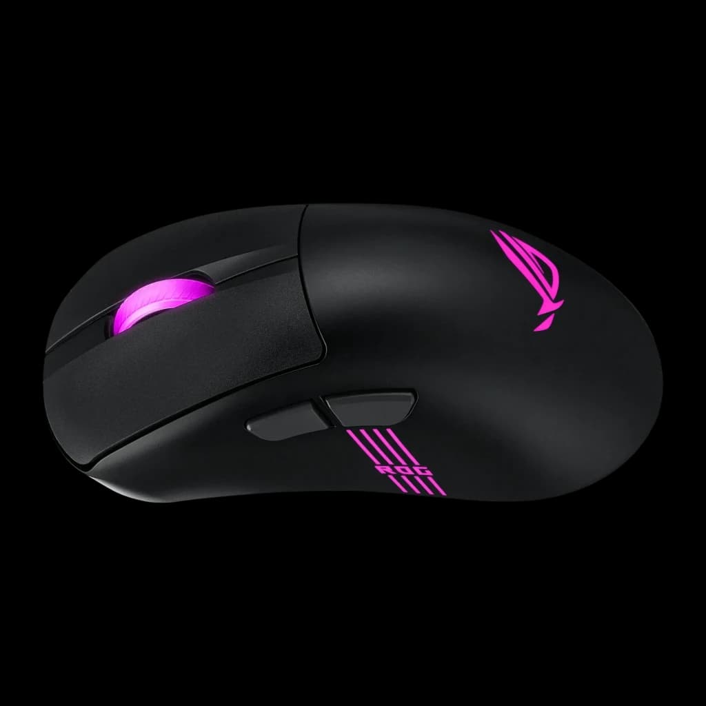 Ratón Gaming ASUS ROG Keris II Origin Inalámbrico 42000 DPI RGB Negro, vista superior: iluminación RGB magenta en rueda
