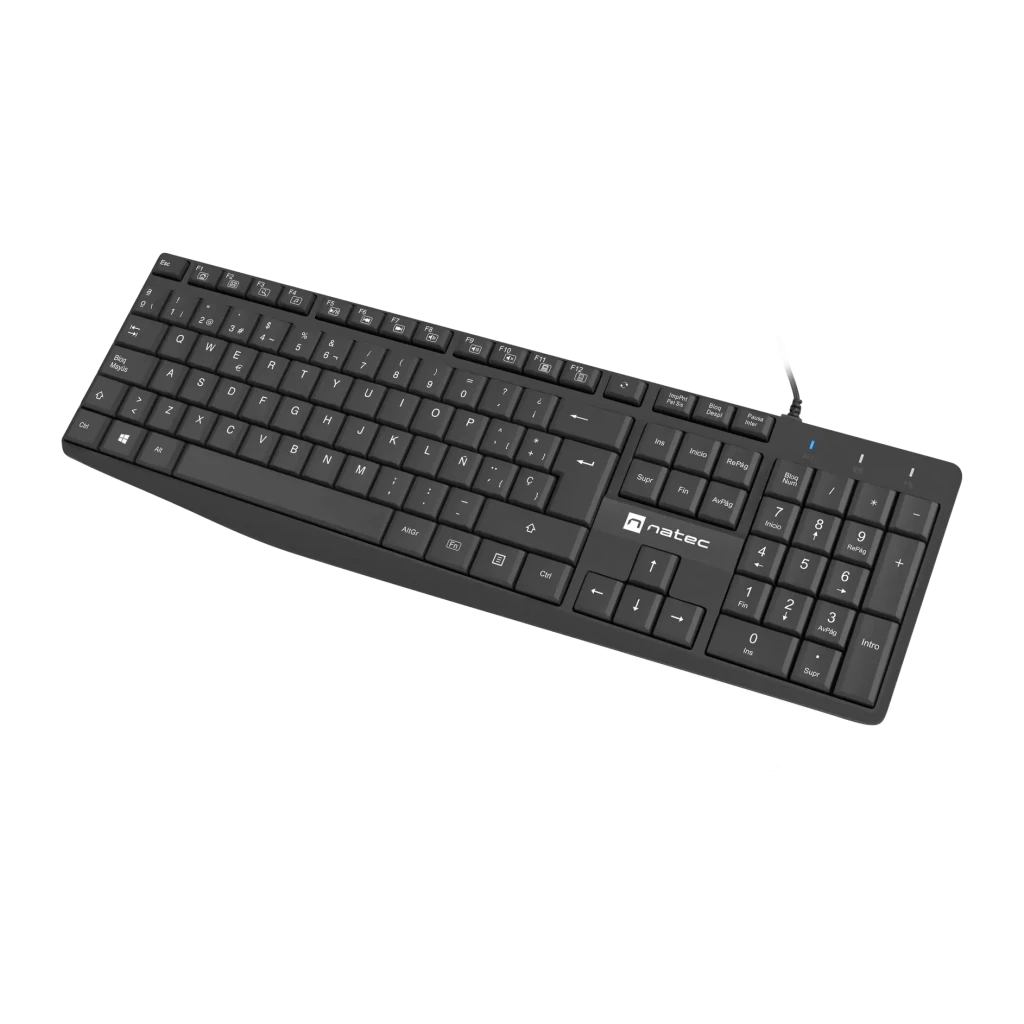Clavier Natec Nautilus Noir Filaire USB Espagnol QWERTY NKL-1948, vue diagonale: touches QWERTY avec Ñ, pavé numérique