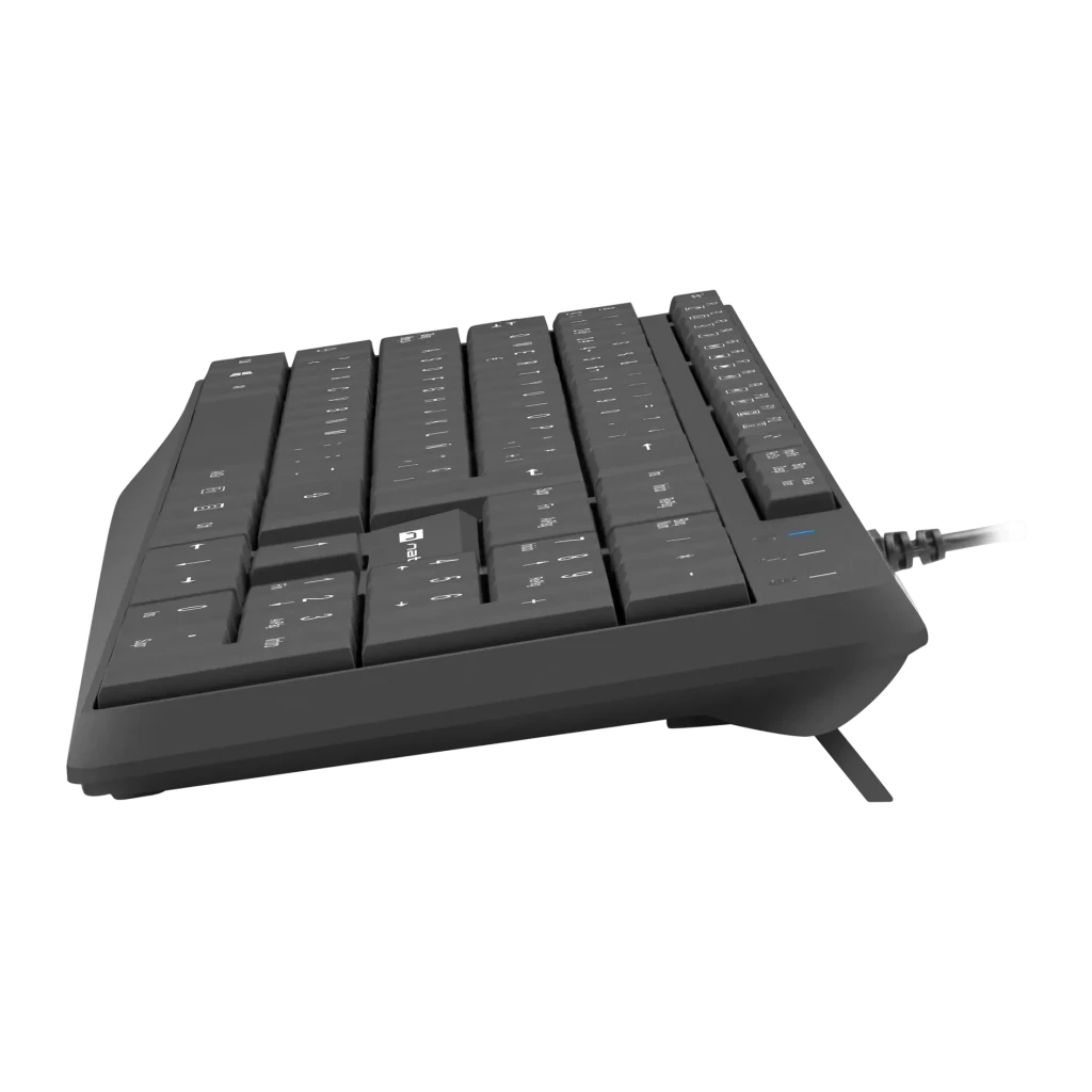 Clavier Natec Nautilus Noir Filaire USB Espagnol QWERTY NKL-1948, vue latérale arrière: touches, câble USB et pieds