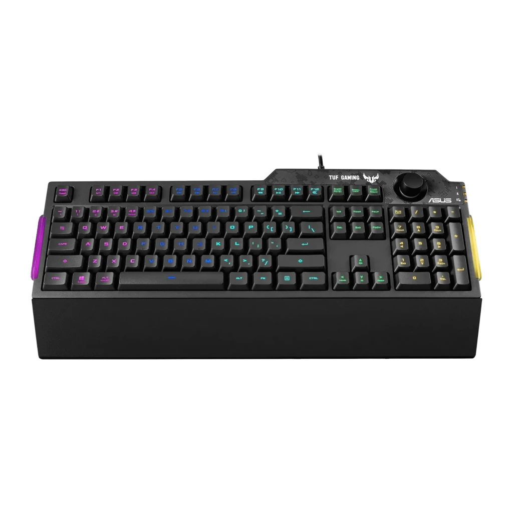 Teclado ASUS TUF Gaming K1 Mecánico RGB 100% Negro, vista frontal en ángulo: retroiluminación RGB multicolor, mando