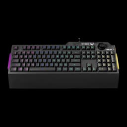 Teclado ASUS TUF Gaming K1 Mecánico RGB 100% Negro, vista frontal en ángulo: retroiluminación RGB multicolor, mando
