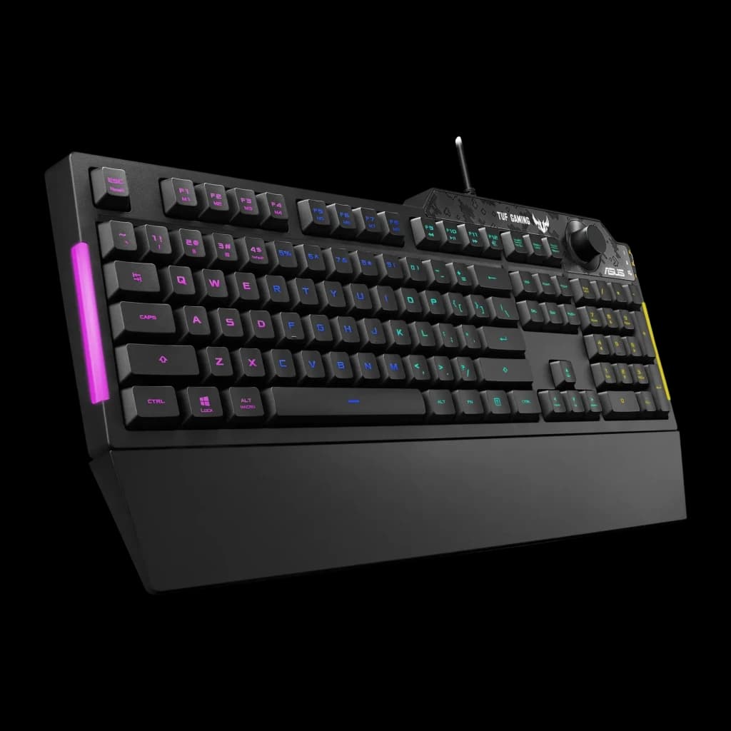 Teclado ASUS TUF Gaming K1 Mecánico RGB 100% Negro, vista en ángulo: retroiluminación RGB, barra lateral rosa y rueda