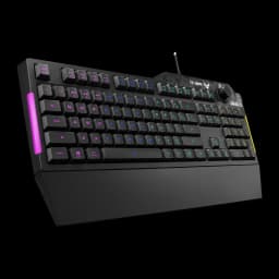 Teclado ASUS TUF Gaming K1 Mecánico RGB 100% Negro, vista en ángulo: retroiluminación RGB, barra lateral rosa y rueda