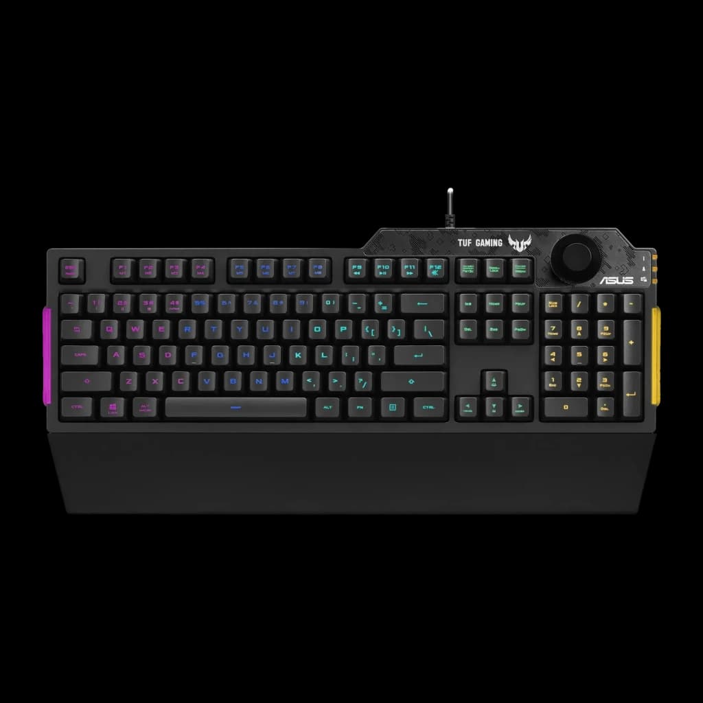Teclado ASUS TUF Gaming K1 Mecánico RGB 100% Negro, vista superior: retroiluminación RGB multicolor, rueda de volumen