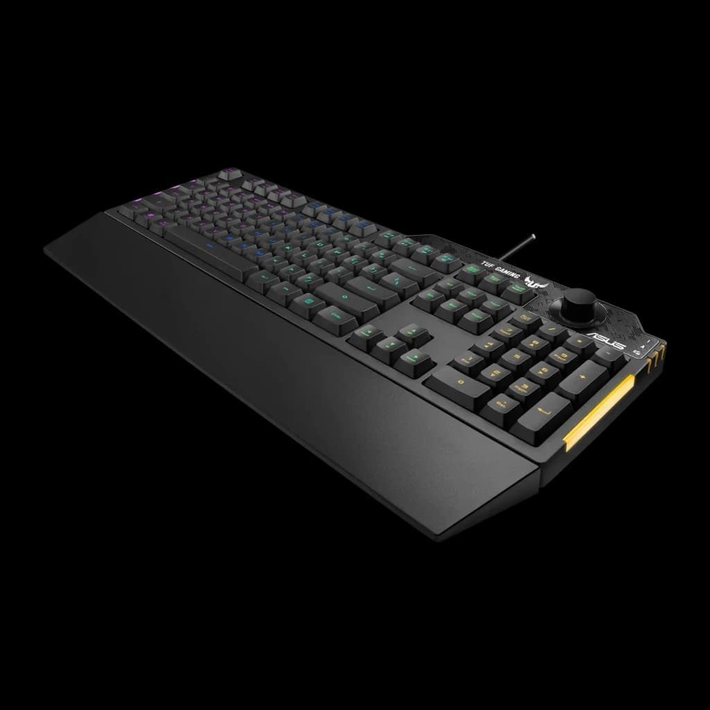 Teclado ASUS TUF Gaming K1 Mecánico RGB 100% Negro, vista en perspectiva: retroiluminación RGB, reposamuñecas y mando