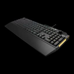 Teclado ASUS TUF Gaming K1 Mecánico RGB 100% Negro, vista en perspectiva: retroiluminación RGB, reposamuñecas y mando