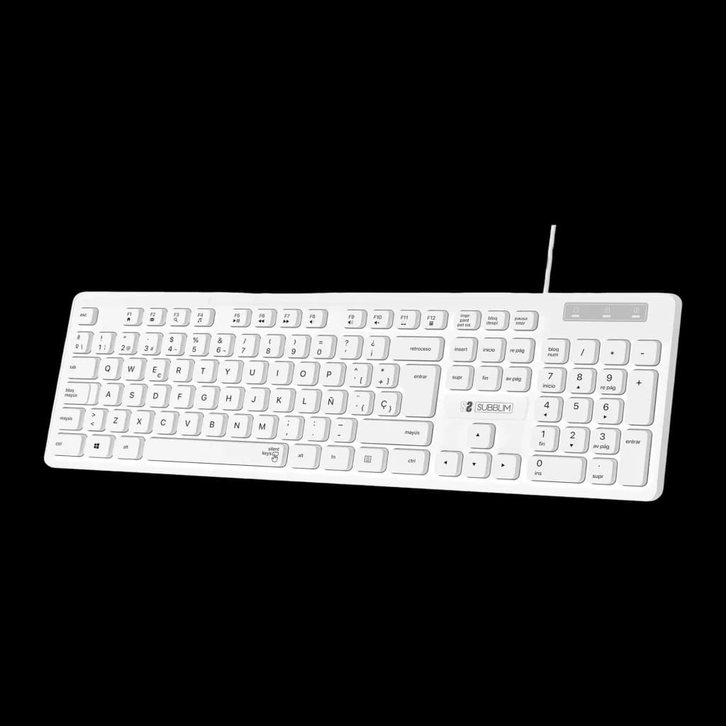 Clavier SUBBLIM Business Slim Silencieux Blanc USB Ergonomique, vue de face en angle: touches blanches, pavé numérique