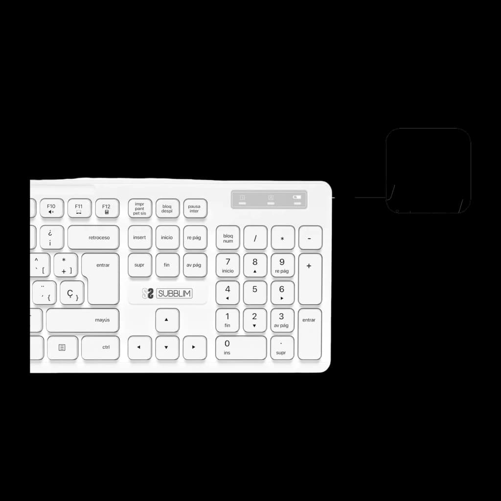 Clavier SUBBLIM Business Slim Silencieux Blanc USB Ergonomique, vue de dessus: pavé numérique et dongle USB visibles