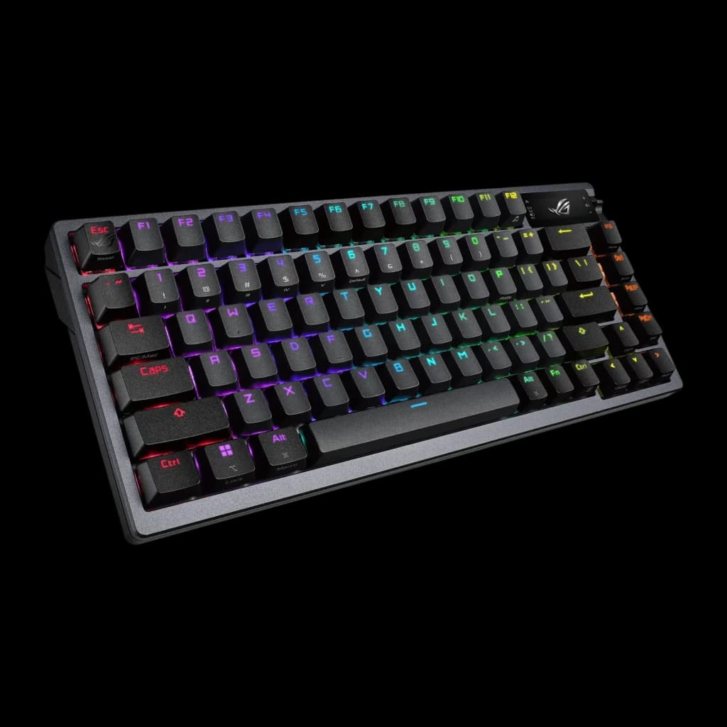 Teclado Gaming ASUS ROG Azoth Inalámbrico RGB AZERTY Rojo/Negro, vista frontal en ángulo: retroiluminación RGB multicolor