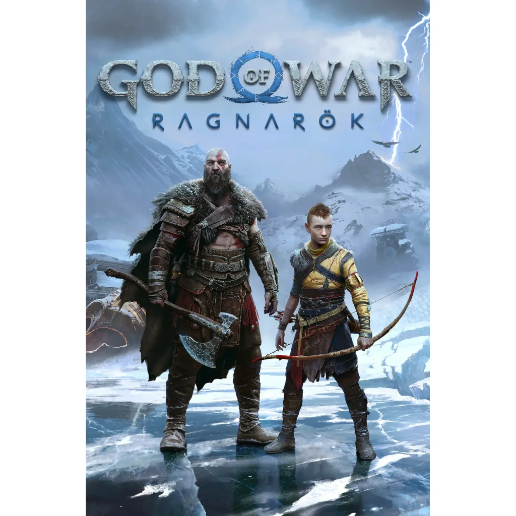 Videojogo Sony Interactive Entertainment God of War Ragnarök PS4, vista frontal: capa com Kratos e Atreus armados ante
