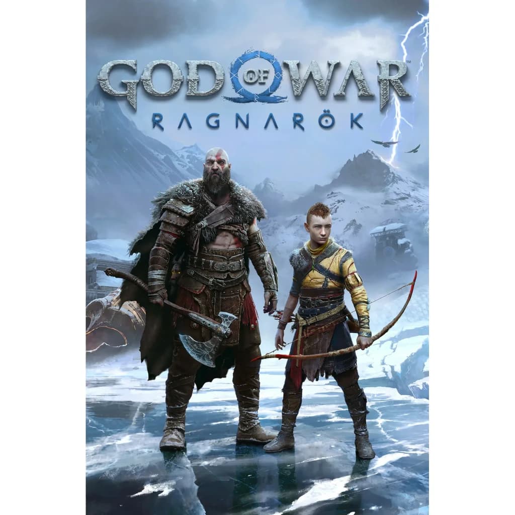 Videojogo Sony Interactive Entertainment God of War Ragnarök PS4, vista frontal: capa com Kratos e Atreus armados ante