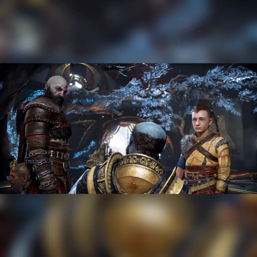 Videojogo Sony Interactive Entertainment God of War Ragnarök PS4, em uso: Kratos e Atreus diante de personagem com armadura