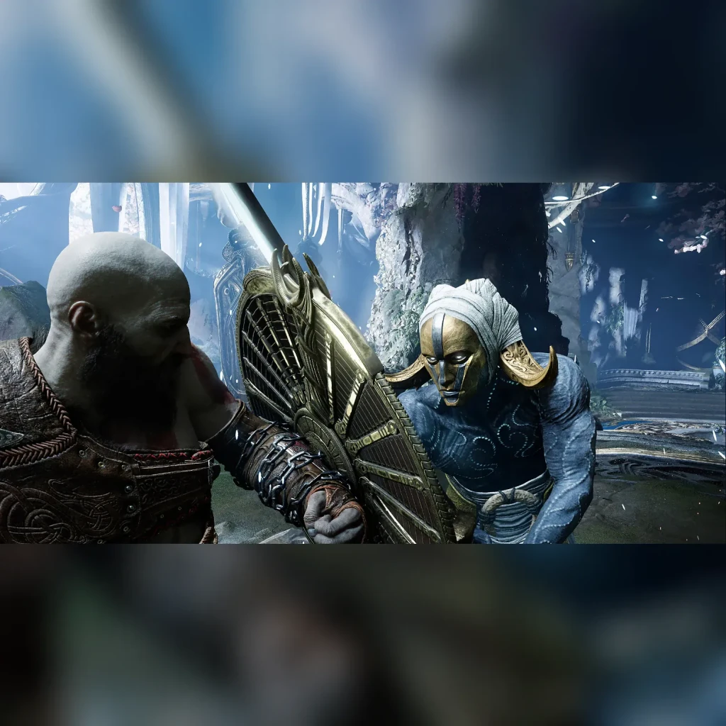 Videojogo Sony Interactive Entertainment God of War Ragnarök PS4, em uso: Kratos enfrenta inimigo com escudo dourado