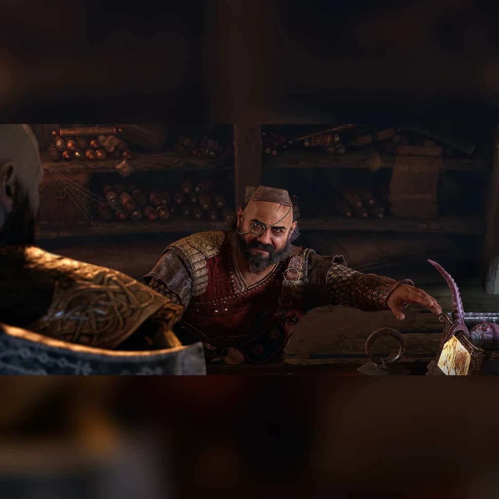 Videojogo Sony Interactive Entertainment God of War Ragnarök PS4, em uso: cena do jogo com ferreiro sorridente e tapa-olho
