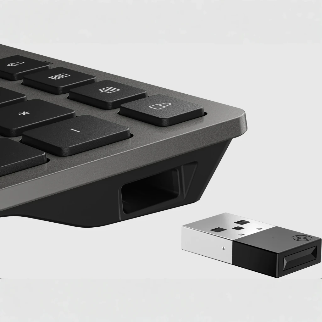 Teclado HP 720 Multi-Device Negro Bluetooth + USB Español QWERTY, en uso: receptor USB nano extraído del compartimento