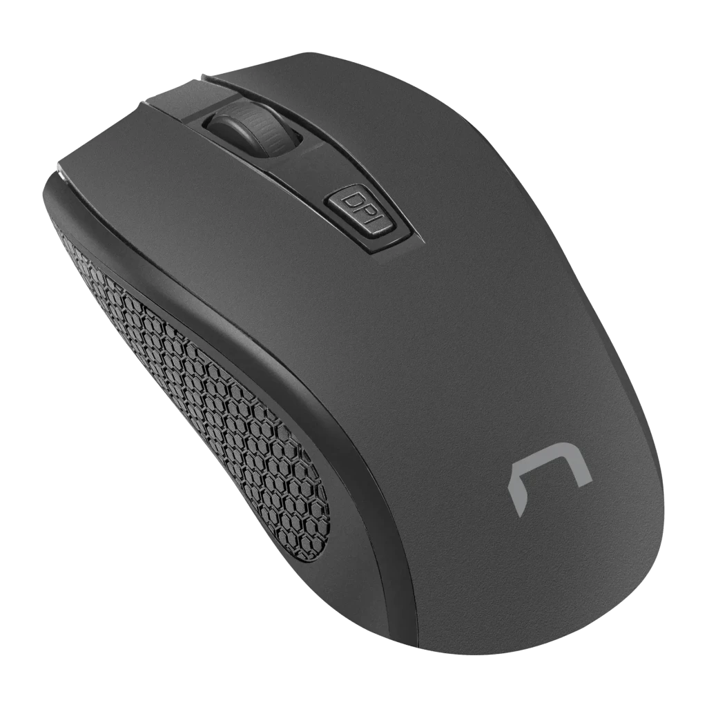 Souris Natec Jay 2 Noir Sans Fil 2,4 GHz Ambidextre, vue 3/4 dessus: molette, bouton DPI et grille hexagonale latérale